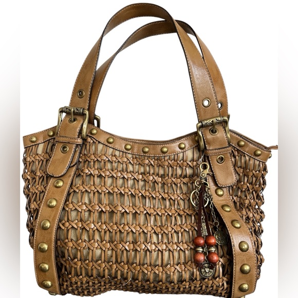 Kathy Van Zeeland Brown Vinyl & Cloth weave Bag w/Gold studs,belt buckle handles - Picture 1 of 17